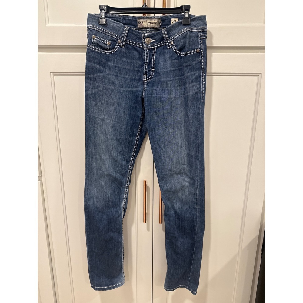 BKE Denim Harper skinnyJeans Blue Wash Embellished Pockets Straight Leg Size 29L
